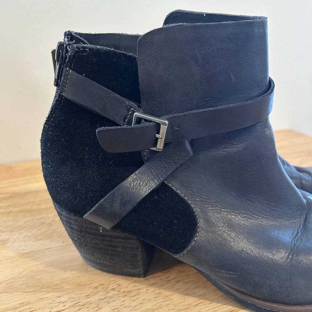 Women Korks Black Leather Suede Buckle Strap Ankle Heeled Boots Booties 8.5‎